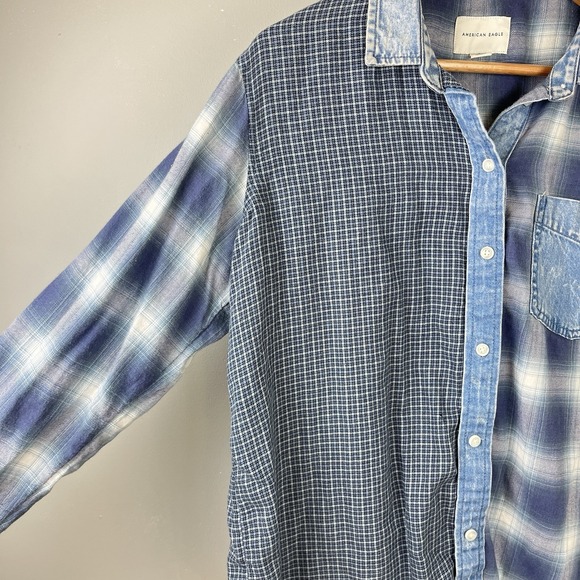 American Eagle Outfitters Shirt Top Womens S Blue Plaid Patchwork‎ Grunge Skater - Picture 4 of 6